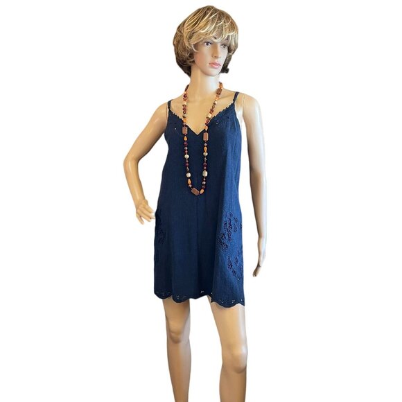 ASTR The Label Womens Sz M Linen Shift Dress Navy Blue V-Neck Sundress Lace Trim - Picture 9 of 9